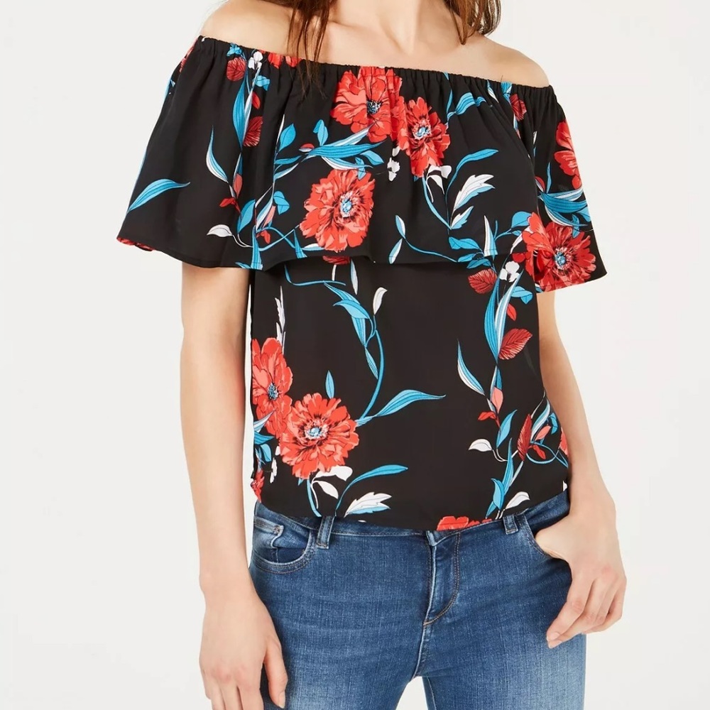 🔥BAR III🔥OFF-THE/SHOULDER BLOUSE BLACK ROYAL GARDEN FLORAL PRINT TOP XS NWT